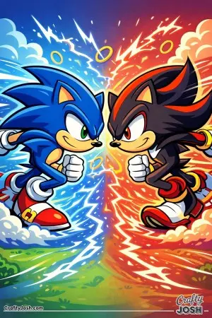 This scene shows two Sonic and Shadow leaning forward in a dramatic standoff, surrounded by swirling motion lines, lightning shapes, and floating ..