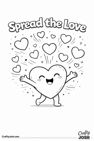 This cheerful Valentine’s Day coloring page features a happy heart character joyfully spreading love with floating hearts and motion lines ..