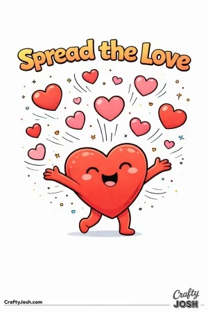 This cheerful Valentine’s Day coloring page features a happy heart character joyfully spreading love with floating hearts and motion lines ..