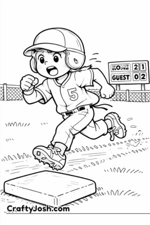A young baseball player sprints toward first base with determination, arms pumping and a large base in the foreground, with a fence and scoreboard ..