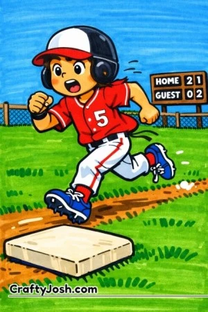 A young baseball player sprints toward first base with determination, arms pumping and a large base in the foreground, with a fence and scoreboard ..