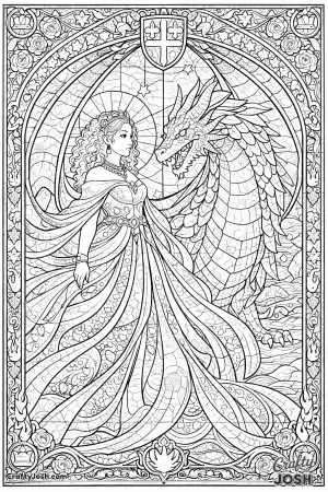 A princess and her dragon are illustrated as a glowing stained-glass window filled with rich colors and flowing light