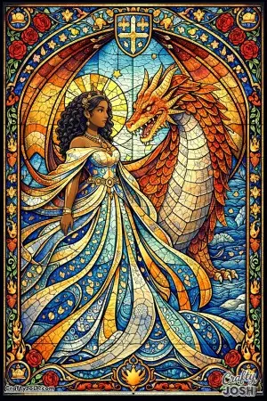 A princess and her dragon are illustrated as a glowing stained-glass window filled with rich colors and flowing light