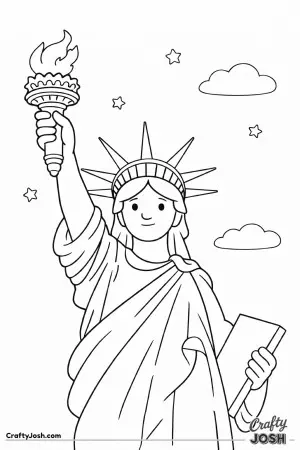 Liberty stands tall with her crown and torch shining against a sky filled with clouds and stars