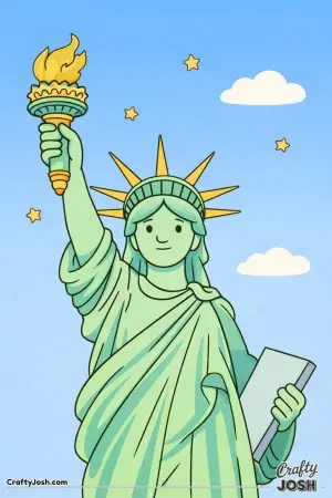Liberty stands tall with her crown and torch shining against a sky filled with clouds and stars