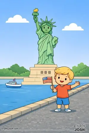 This friendly Statue of Liberty scene began as a bright color picture full of smiles and welcoming waves