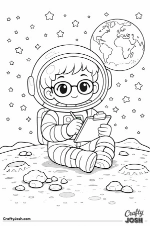 This curious astronaut takes notes on the moon, carefully studying rocks like a real space scientist.