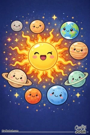 A happy sun in the center sends out wavy heat lines while smiling planets float around it among twinkly stars