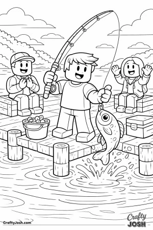 A cheerful Roblox-inspired fishing scene showing an avatar catching a big fish from a wooden dock while friends watch excitedly, with buckets, gear, ..