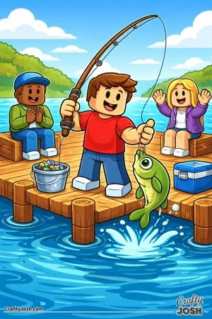 A cheerful Roblox-inspired fishing scene showing an avatar catching a big fish from a wooden dock while friends watch excitedly, with buckets, gear, ..