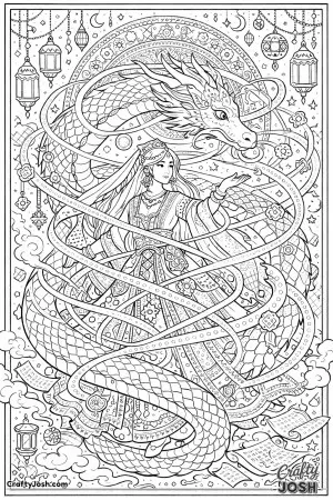 This richly detailed color illustration shows a Middle Eastern princess and a long, graceful dragon spiraling together in a swirl of magical ribbons, ..