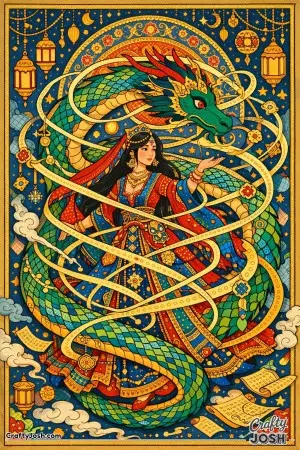 This richly detailed color illustration shows a Middle Eastern princess and a long, graceful dragon spiraling together in a swirl of magical ribbons, ..