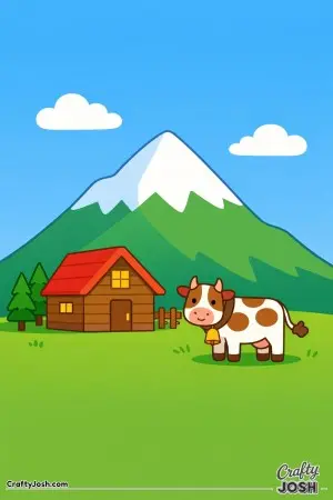 Travel to a peaceful Swiss Alps village with a cozy house, a gentle cow, and a tall mountain watching over everything