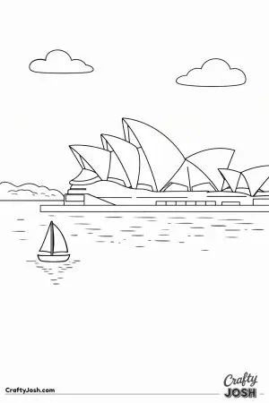 The Sydney Opera House sits by the water with its sail-shaped roofs and a tiny boat drifting nearby