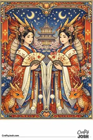 This illustration shows a mirrored princess and her dragon, arranged like an ornate playing card.