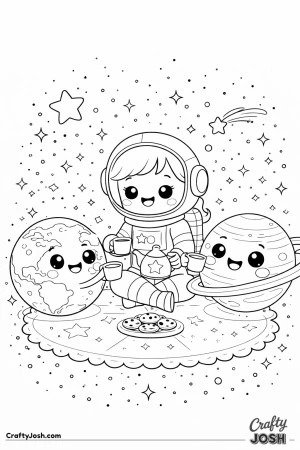 A astronaut sits in space having a tea party with two smiling planets, a teapot, cups, and a plate of cookies on a round blanket