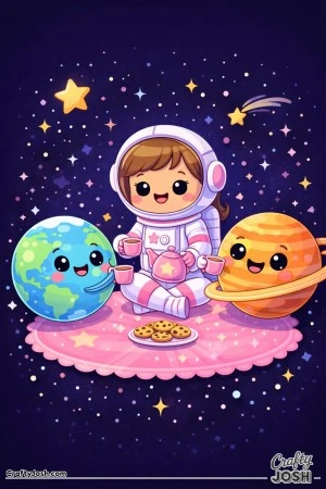 A astronaut sits in space having a tea party with two smiling planets, a teapot, cups, and a plate of cookies on a round blanket