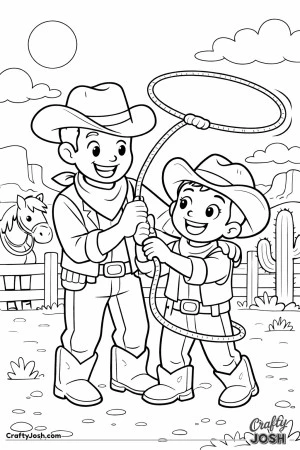 On a sunny ranch, a big cowboy shows his little partner the secret to a perfect lasso loop.