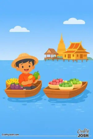 Float along a peaceful river in Thailand where a smiling market vendor sells fruit from a little boat