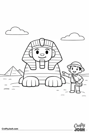 Meet the Great Sphinx standing proudly in the sunny desert, with a friendly guide showing the way
