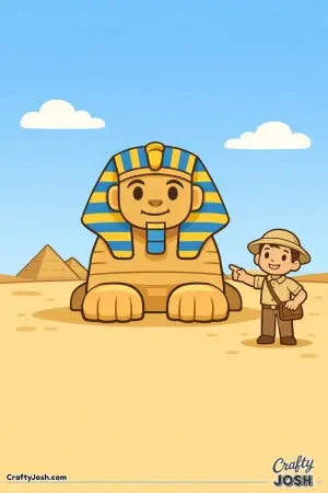 Meet the Great Sphinx standing proudly in the sunny desert, with a friendly guide showing the way