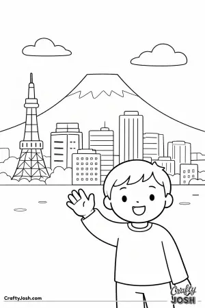 A happy child waves hello in front of Tokyo’s simple city skyline, with Mount Fuji rising quietly in the background