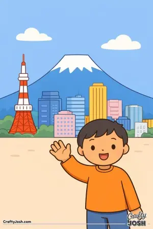 A happy child waves hello in front of Tokyo’s simple city skyline, with Mount Fuji rising quietly in the background
