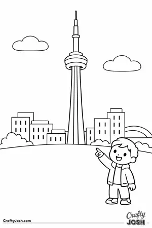 A happy child points up at Toronto’s tall tower while bright maple leaves rest on the ground nearby, making this scene feel friendly and welcoming.