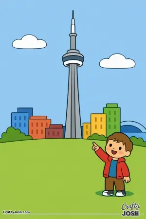 A happy child points up at Toronto’s tall tower while bright maple leaves rest on the ground nearby, making this scene feel friendly and welcoming.