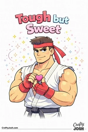 This Valentine’s Day coloring page features a strong fighter character holding a tiny heart with the message “Tough but Sweet.”