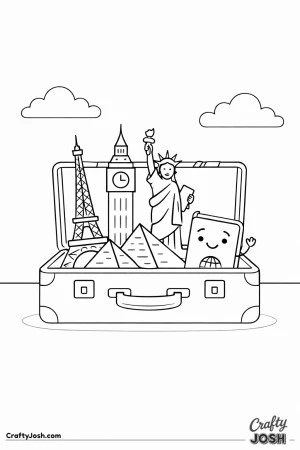 Packed with adventure, this picture shows a magical suitcase where world landmarks pop up like a surprise.