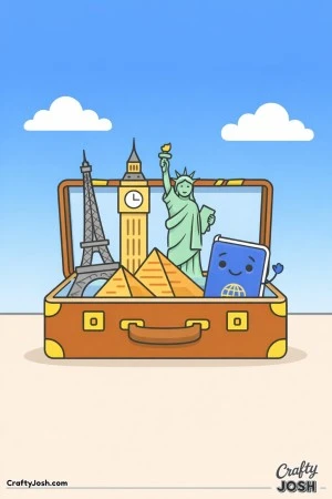 Packed with adventure, this picture shows a magical suitcase where world landmarks pop up like a surprise.