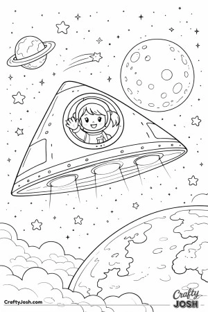 A triangle-shaped spaceship glides through space near the moon while a smiling girl astronaut waves from a round window