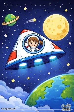 A triangle-shaped spaceship glides through space near the moon while a smiling girl astronaut waves from a round window