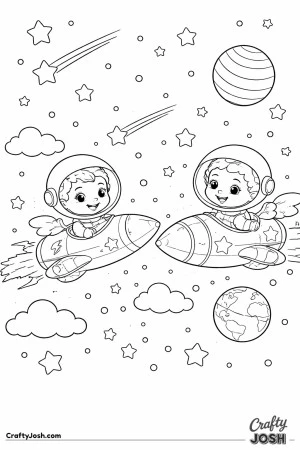 Two astronauts race side by side in two different spaceships, surrounded by stars, clouds, and planets in outer space