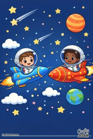 Two astronauts race side by side in two different spaceships, surrounded by stars, clouds, and planets in outer space
