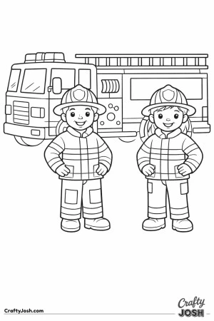 Two firefighters in front of fire truck colorin
