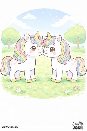 Two kawaii unicorns facing each other.