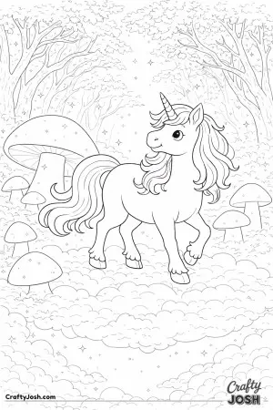 Set in a magical forest, surrounded by big glowing mushrooms, our magical unicorn takes center stage