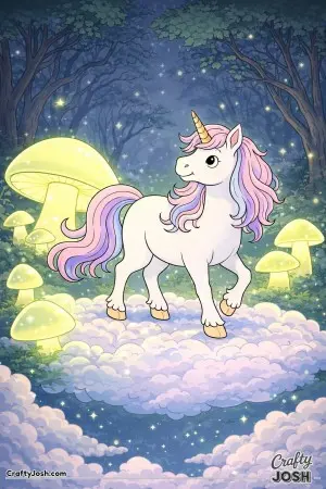 Set in a magical forest, surrounded by big glowing mushrooms, our magical unicorn takes center stage