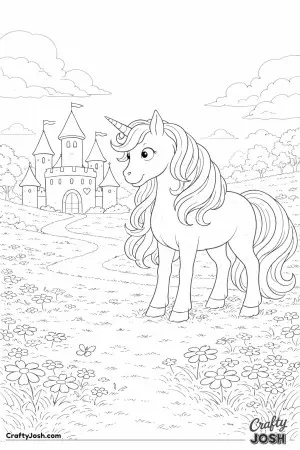 With a simple castle behind it, this unicorn looks ready for a storybook adventure