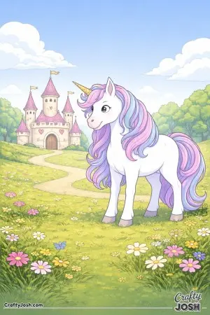 With a simple castle behind it, this unicorn looks ready for a storybook adventure