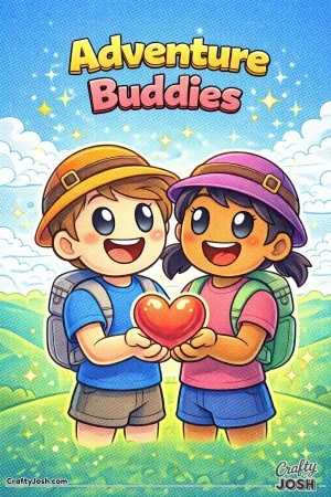 This heartwarming Valentine’s Day coloring page features two adventure buddies standing together and sharing a heart beneath the phrase ..