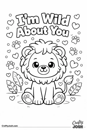 This sweet Valentine’s Day coloring page features a smiling baby lion with hearts and jungle details alongside the phrase “I’m Wild About ..