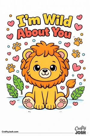 This sweet Valentine’s Day coloring page features a smiling baby lion with hearts and jungle details alongside the phrase “I’m Wild About ..