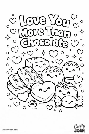 This fun Valentine’s Day coloring page features cute smiling chocolates and candies with the phrase “Love You More Than Chocolate.”