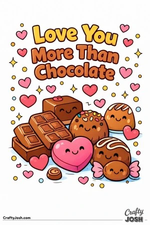 This fun Valentine’s Day coloring page features cute smiling chocolates and candies with the phrase “Love You More Than Chocolate.”