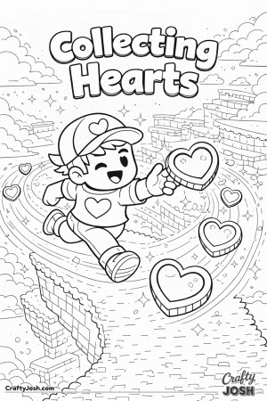 This energetic Valentine’s Day coloring page features a character collecting heart-shaped coins with the phrase “Collecting Hearts.”