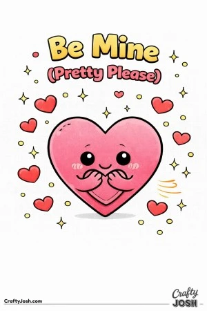 This sweet Valentine’s Day coloring page features a shy heart character surrounded by hearts and sparkles with the phrase “Be Mine (Pretty ..