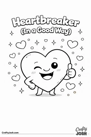 This fun Valentine’s Day coloring page features a confident, winking heart character with the phrase “Heartbreaker (In a Good Way).”